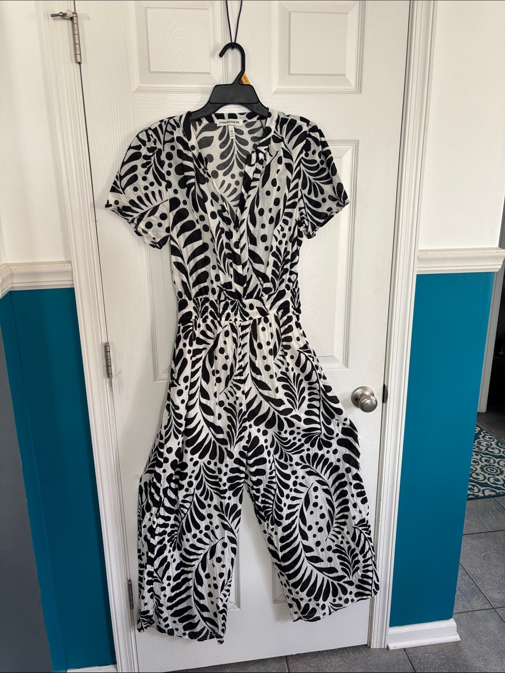 Black & White Printed Short-Sleeve Wrap Jumpsuit